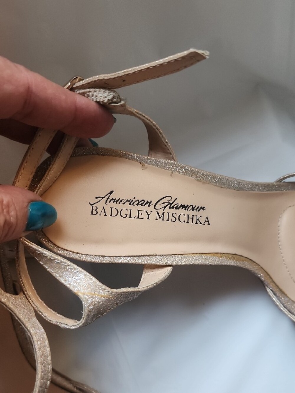 Badgley Mischka Champagne Metallic Strappy Block Heel Sandals - Picture 2 of 5
